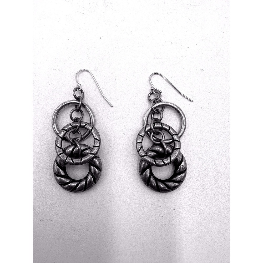 Vintage Silver Tone Triple Hoop Drop Earrings Textured Twisted Rope Boho Dangle